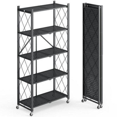 5 Tier Storage Shelf with Wheels Collapsible Heavy Duty Folding Shelves, No Assembly Organizer Rack