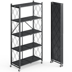 5 Tier Storage Shelf with Wheels Collapsible Heavy Duty Folding Shelves, No Assembly Organizer Rack - 1 of 4