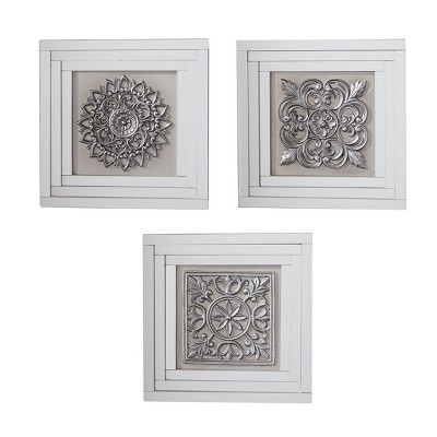 Glass Floral Wall Decor with Embossed Details Set of 3 White - Olivia & May