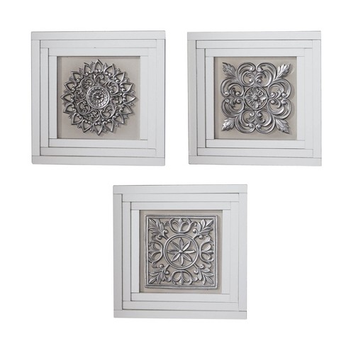 Glass Floral Wall Decor with Embossed Details Set of 3 White - Olivia & May - image 1 of 4