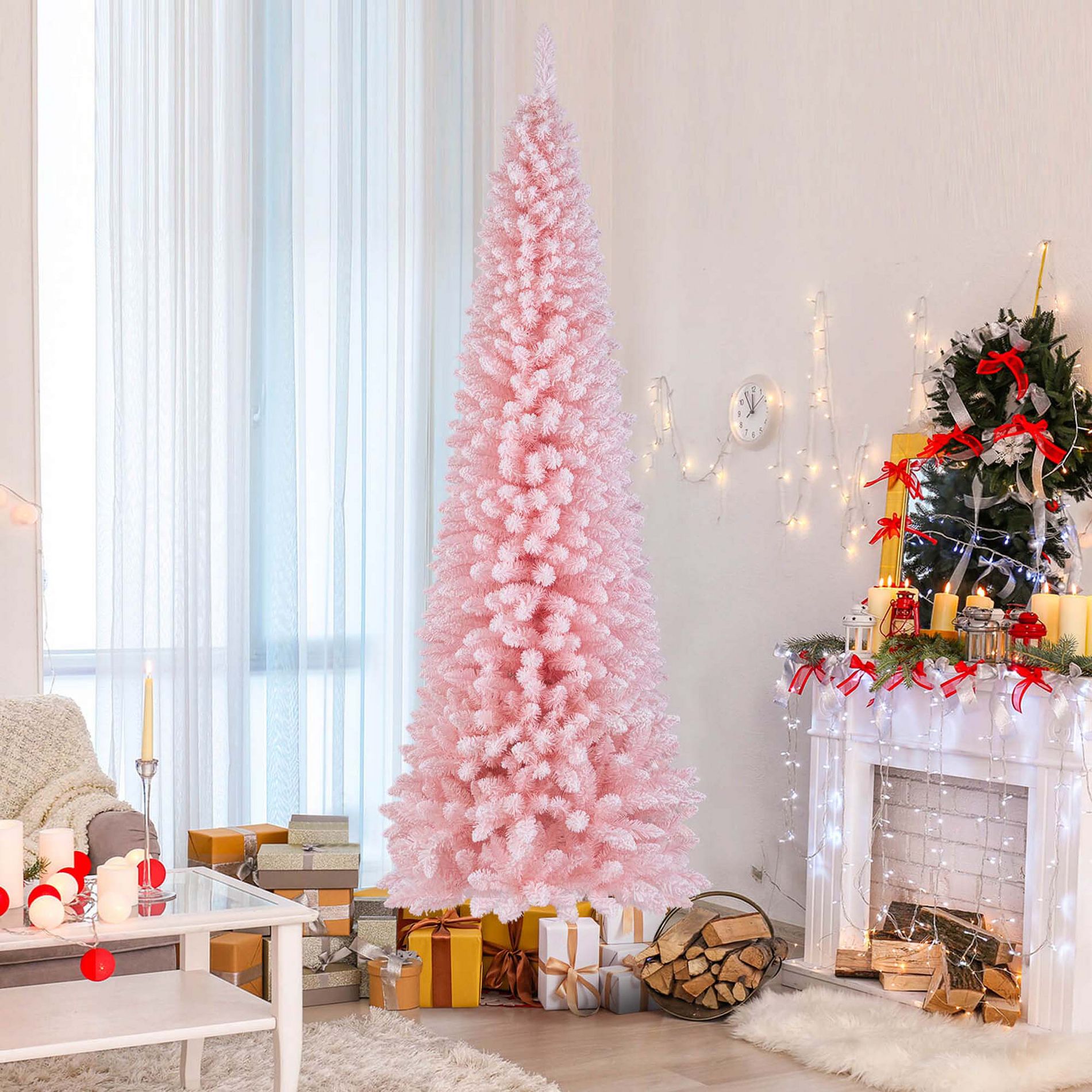 Costway 8 FT Artificial Pink Christmas Tree with 1000 Branch Tips Folding Metal Stand