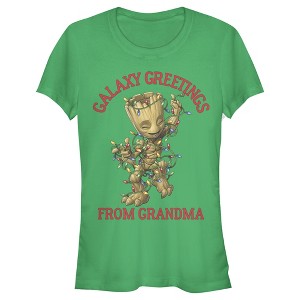 Juniors Womens Marvel Christmas Groot Galaxy Greetings Grandma T-Shirt - 1 of 3