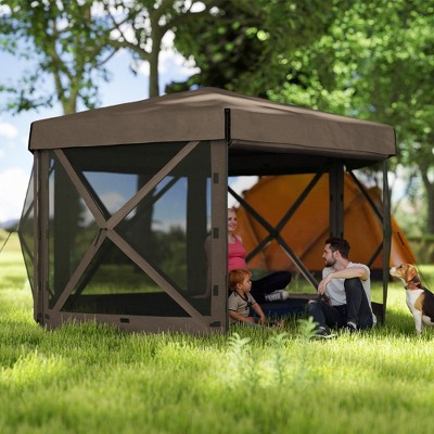 Brown Hexagonal Pop-Up Gazebo Tent with Mesh Sidewalls