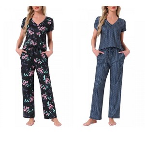 INSPIRE CHIC Women's 2 Pcs Short-Sleeve V-neck Tee & Drawstring Pants Pajama Sets with Pockets - 1 of 4