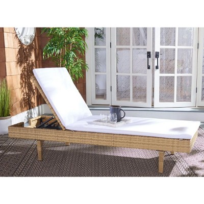Natural Wicker Outdoor Chaise Lounger with White Cushions