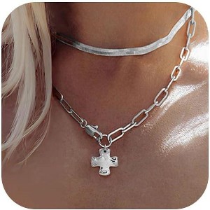 Layered Chunky Cross Necklace 14K Gold Silver Non Tarnish Statement Jewelry - 1 of 4