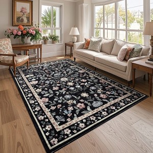 Living Room Rug Machine Washable Area Rug Non Slip Farmhouse Floral Rug Low Pile Soft Foldable Rugs - 1 of 4