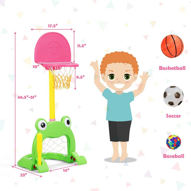 Costway 3-in-1 Kids Basketball Hoop Set Adjustable Sports Activity Center w/Balls Green and Pink, 4 of 11