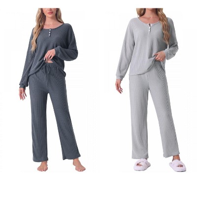 cheibear Women's Waffle Knit Lounge Longsleeve Soft Pajama Set