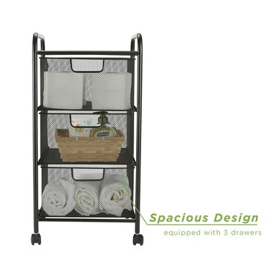 Black Metal Mesh 3-Drawer Rolling Storage Trolley
