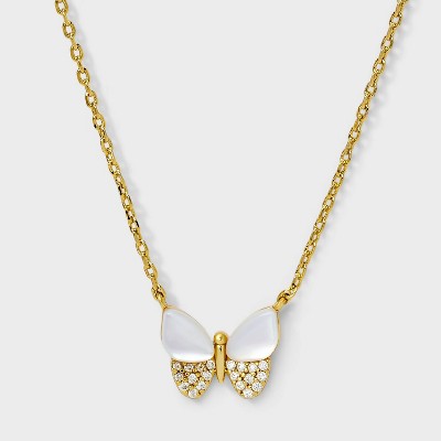 14K Gold Dipped Cubic Zirconia Mother of Pearl Butterfly Necklace - A New Day™ Gold