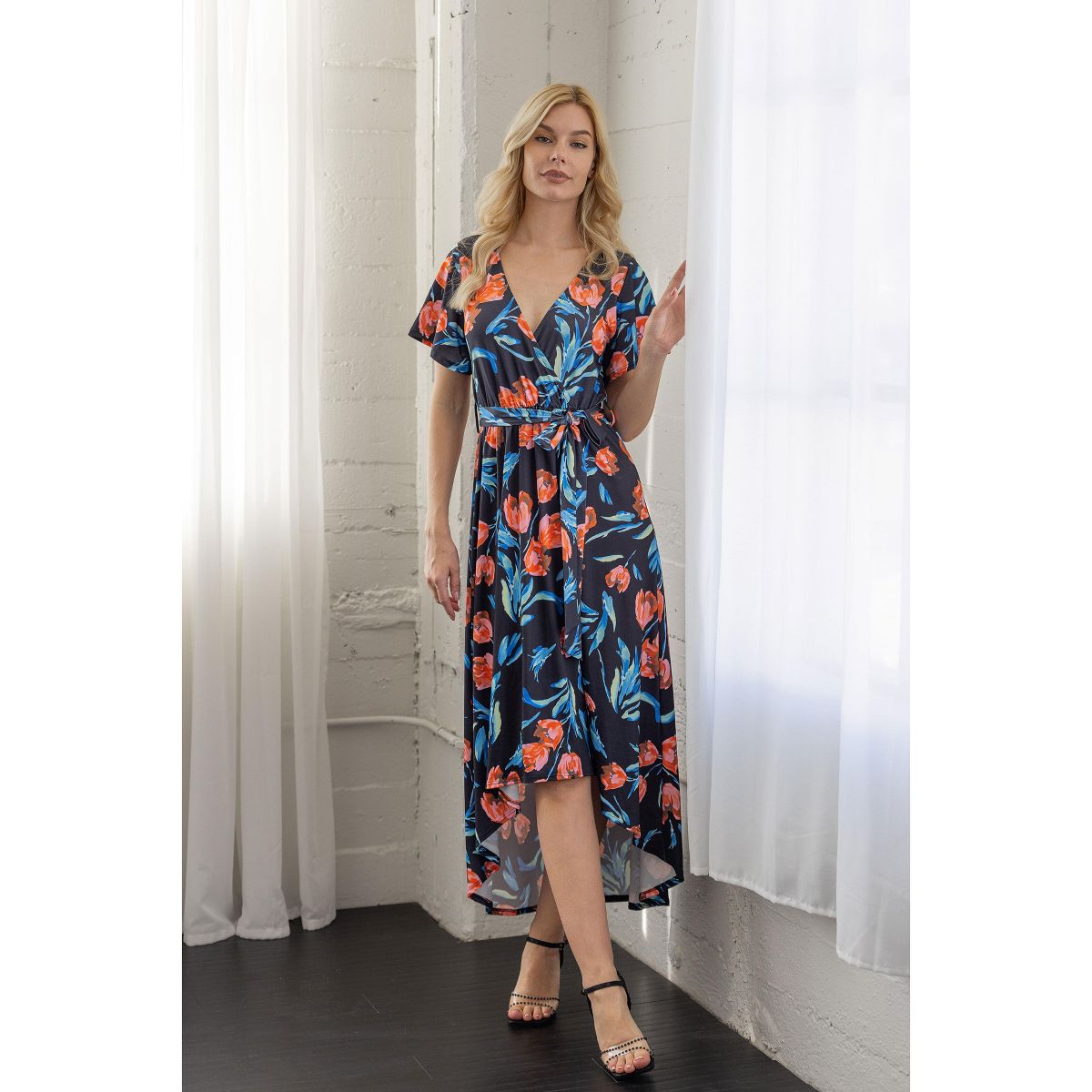 24seven Comfort Apparel Womens Black Floral V Neck Belted High Low Faux Wrap Dress - thumbnail 5