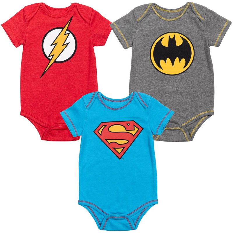 DC Comics Justice League The Flash Superman Batman Baby 3 Pack Bodysuits Newborn to Infant , 1 of 8