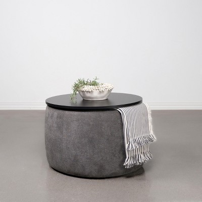Gray and Black Round Upholstered Lift-Top Storage Ottoman
