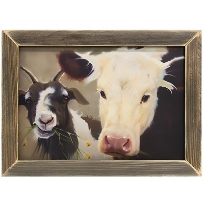 Slickblue Country Farm Animal Print – Rustic Wooden Wall Art with Cow & Goat, Natural Frame, 13.5" x 17.5"