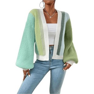 Women's Color Block Open Front Long Sleeve Ribbed Knit Cropped Cardigan Sweaters - 1 of 4