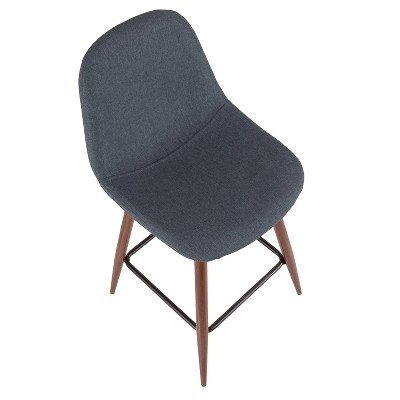 Set of 2 Blue Fabric and Walnut Wood Mid-Century Modern Bar Stools