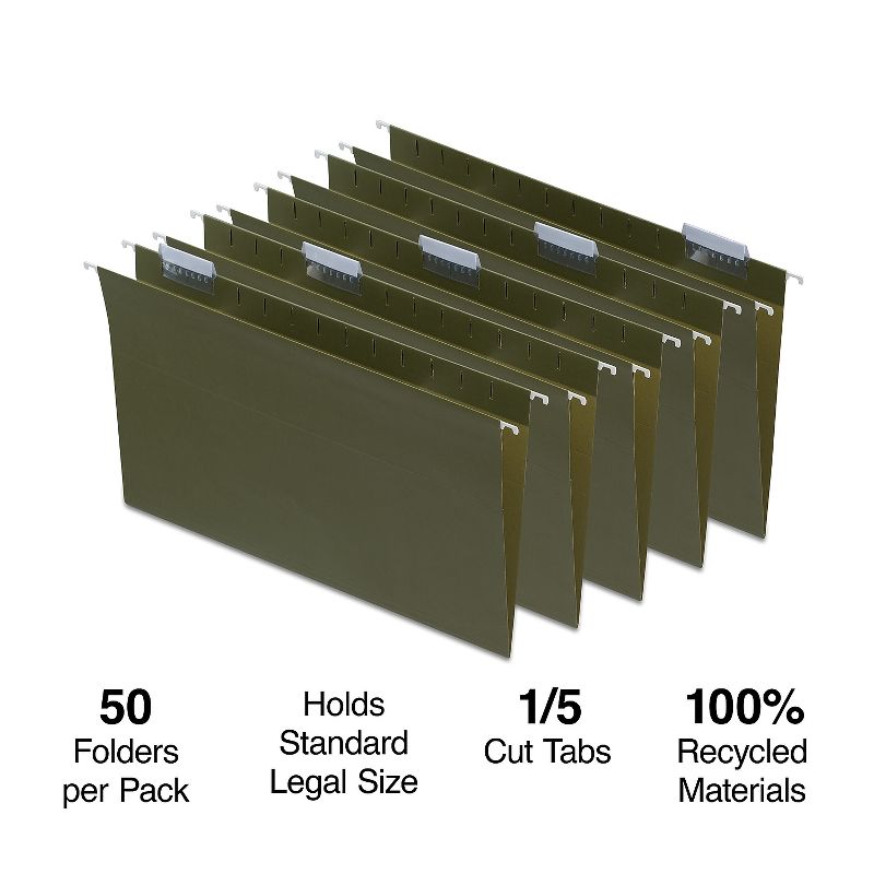 MyOfficeInnovations Hanging File Folders 5 Tab Legal Size Standard Green 50/BX 490853, 2 of 5