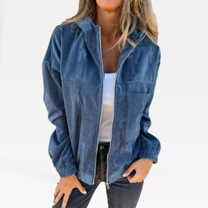 Womens Zipper Corduroy Jackets with Pockets Fall Hooded Jackets Zip Up Shacket Coat Textured Outwear Fall Fashion Outfits - 1 of 4
