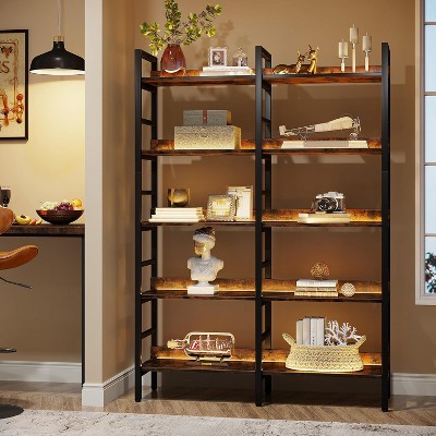 Rustic Brown 5-Tier Wood and Metal Adjustable Bookshelf