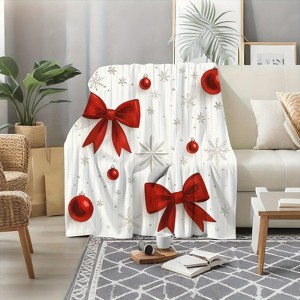 Lomsoe Ultra-Soft & Warm Flannel Throw Blanket - Red & White Winter Snowflake & Bow Design, Contemporary Style in Red. - 1 of 4