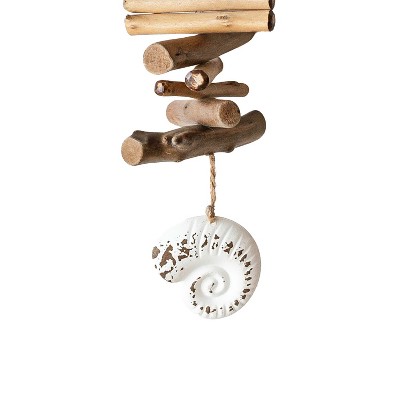 Natural Driftwood and Whitewashed Metal Seashell Hanging Accent