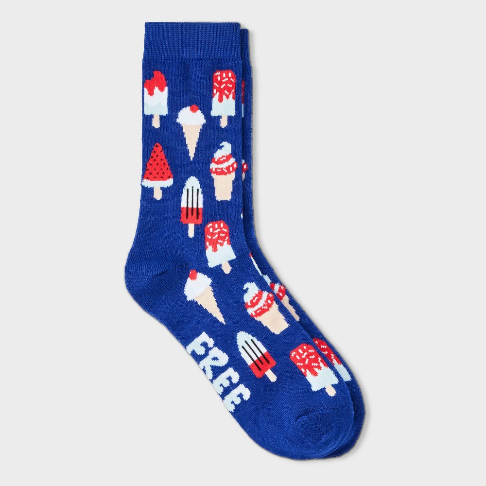 Women's "Free Meltdowns" Popsicles Crew Socks - Blue 4-10: Recycled Polyester, Ice Cream Pattern, Knit Fabric