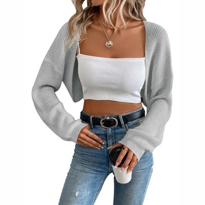 Womens Cropped Sweater Cardigan Sweater Knit Bolero Open Front Cropped Cardigan with Lantern Sleeve