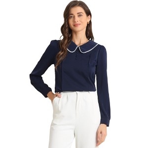 INSPIRE CHIC Women's Peter Pan Collar Crochet Trim Long Sleeve Work Office Blouse - 1 of 4