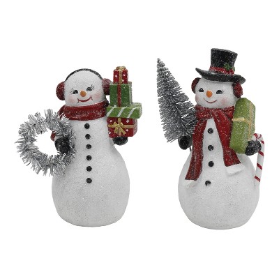 Transpac Resin Snowman with Gift Figurine Set of 2 Decorative Objects for Christmas Multicolor Tabletop Decor Indoor Use Gift Giving and Hostess Gifts
