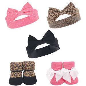 Hudson Baby Infant Girl Headband and Socks Set 5pk, Leopard, 0-9 Months - 1 of 2