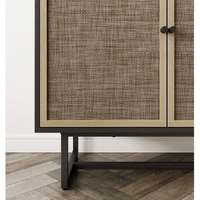 Black Oak and Rattan Freestanding Cabinet with Adjustable Shelves