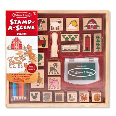 Melissa & Doug Stamp-a-Scene Wooden Stamp Set: Farm - 20 Stamps, 5 Colored  Pencils, and 2-Color Stamp Pad