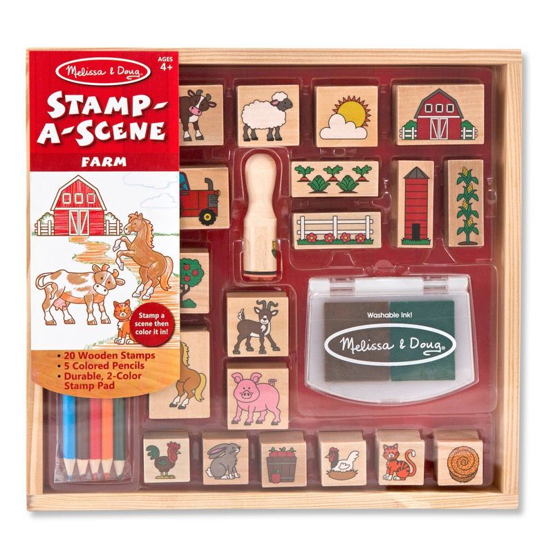 Melissa &#38; Doug Stamp-a-Scene Wooden Stamp Set: Farm - 20 Stamps, 5 Colored Pencils, and 2-Color Stamp Pad, 1 of 10