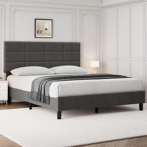Twin Size Bed Frame with Adjustable Headboard, Linen Upholstered Twin Platform Bed Frame - 1 of 4