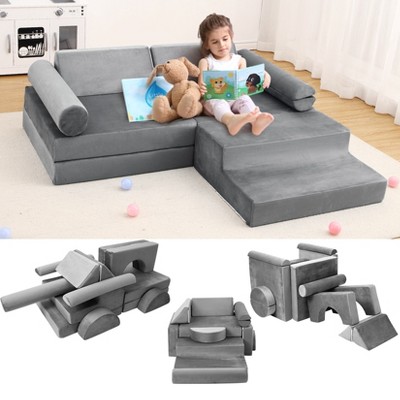 NAIZEA 10-Piece Modular Kids Couch Play Set – Gray Foam Sofa, Removable Cover