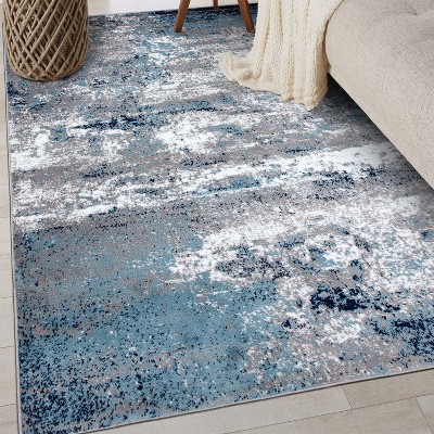 Reversible Abstract Watercolor Blue 5' x 7' Easy-Care Area Rug