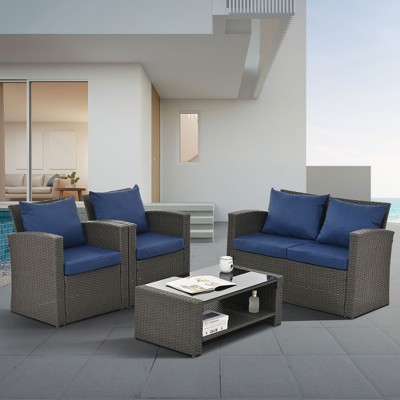 4-Piece Patio Furniture Outdoor Sofa Set, Garden Furniture With Tempered Glass Coffee Table