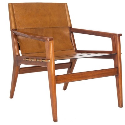 Culkin Modern Brown Leather Sling Armchair with Mahogany Frame