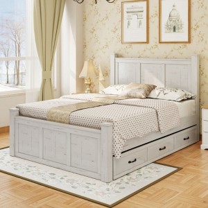 Farmhouse Style Wood Panel Bed Frame Four Square Poster Bed with Three Storage Drawers,Queen - 1 of 3