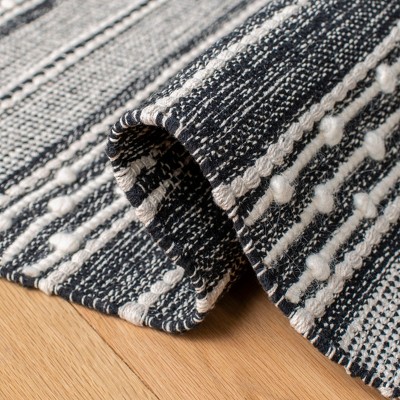 Boho-Chic Black and Ivory Striped Kilim 3' Square Wool-Cotton Rug