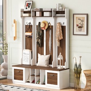 TIRAMISUBEST 5-in-1 Entryway Bench with Coat Rack, 7 Sturdy Hooks, 2 Spacious Drawers and Adjustable Shelves, 58.8'' Wide Hall Tree with Metal Handles - 1 of 4