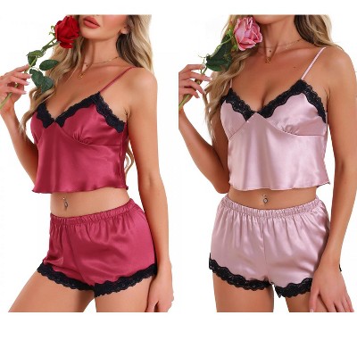 INSPIRE CHIC Women's 4 Pcs Loungewear Satin Lace Sleeveless Spaghetti-Strap Removable Pad Cami & Shorts Pajama Set