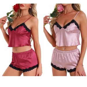 INSPIRE CHIC Women's 4 Pcs Loungewear Satin Lace Sleeveless Spaghetti-Strap Removable Pad Cami & Shorts Pajama Set - 1 of 4
