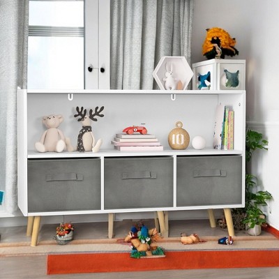 Alilang 35.43 Inch Wooden Storage Shelf with Open Compartment and Fabric Bins - White gray