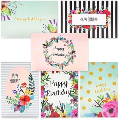 Juvale 48-Pack Bulk Happy Birthday Cards Box Set - 6 Unique Assorted Watercolor Floral Designs, Blank Inside with Envelopes Included, 4 x 6 Inches