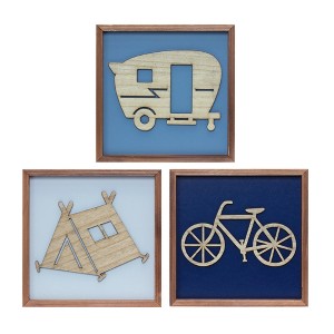 Wood Adventure Wall Frames Set of 3, 10" Square MDF & Wood Tent Camper Bike Art Prints by Melrose - 1 of 4