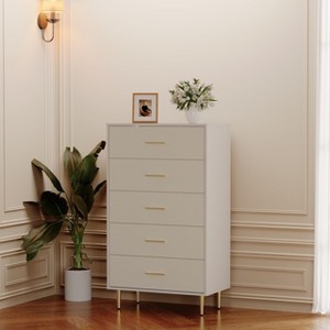 White 5 Drawer Dresser,Tall Narrow Chest of Drawers,Wooden Skinny Dresser with Gold Metal Handles and Legs,Modern Storage Drawer Cabinet - 1 of 4