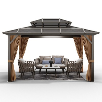 Patio Double Roof Permanent Hardtop Gazebo Pergola with Curtains