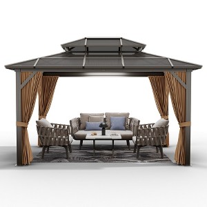 Patio Double Roof Permanent Hardtop Gazebo Pergola with Curtains - 1 of 4